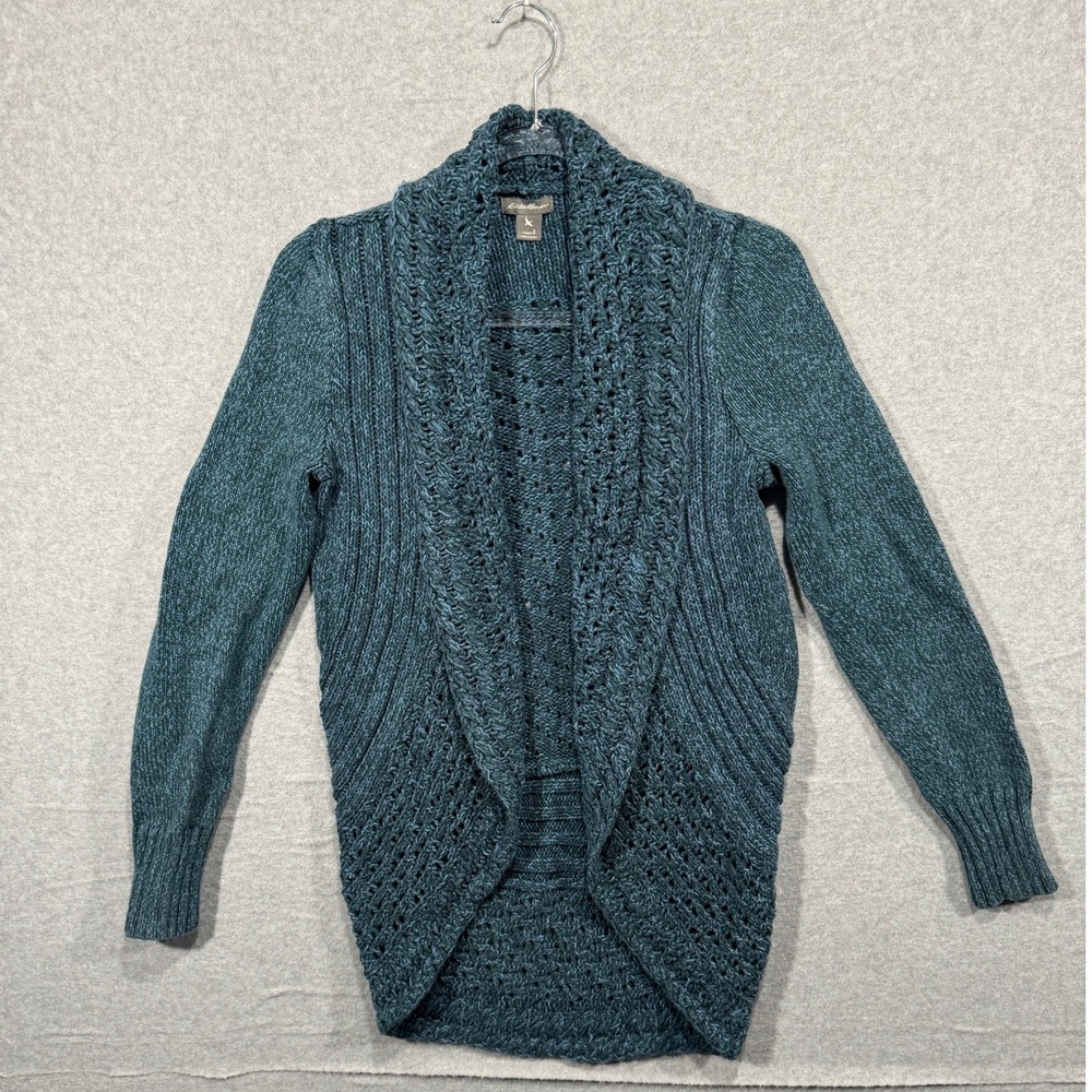 Eddie Bauer Open Front Cardigan Sweater Knit Cotton Blend Teal Blue Small